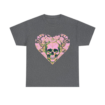 Detailed look at the Skulls and Roses Cotton Tee in dark grey, showcasing a striking heart motif with skulls encircled by roses, perfect for individualistic style.