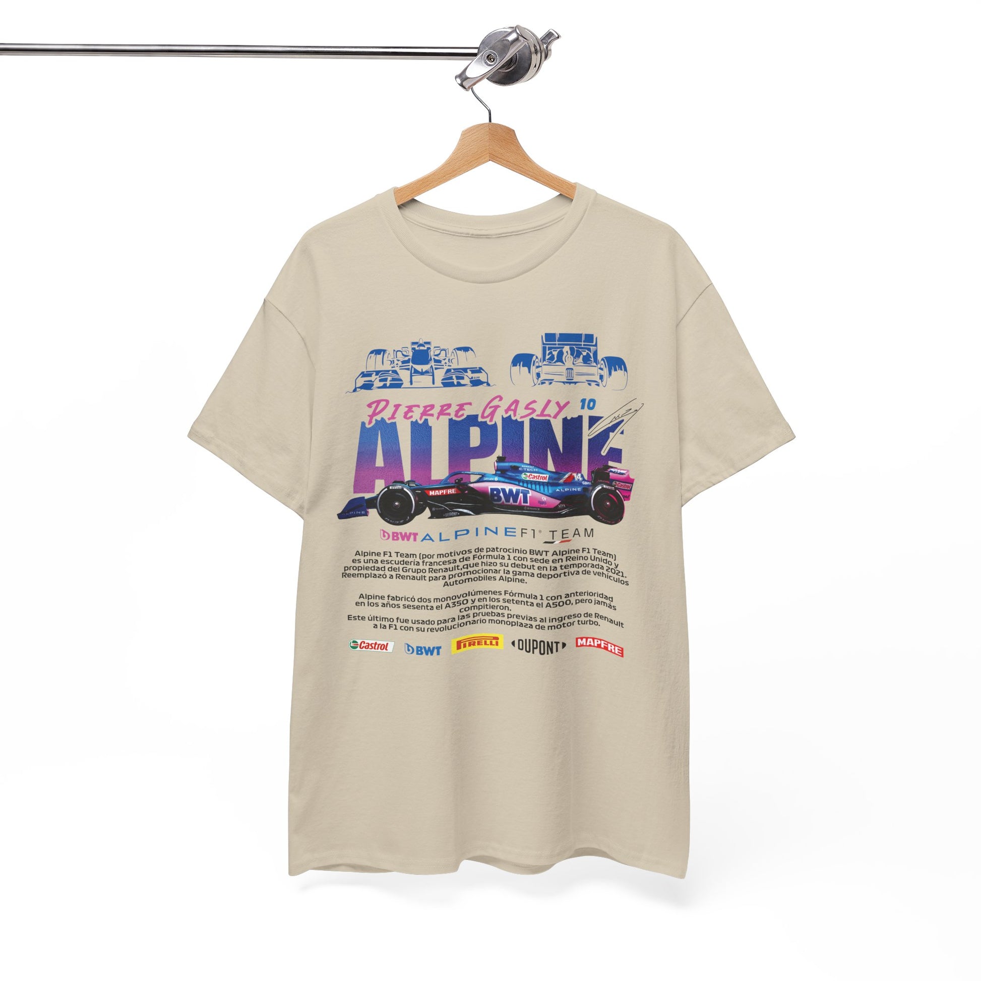 Exquisite Alpine F1 Team Men's T-Shirt elegantly displayed on a hanger, featuring bold graphics of Pierre Gasly's car and stylish design elements, perfect for racing fans.