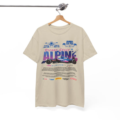 Exquisite Alpine F1 Team Men's T-Shirt elegantly displayed on a hanger, featuring bold graphics of Pierre Gasly's car and stylish design elements, perfect for racing fans.