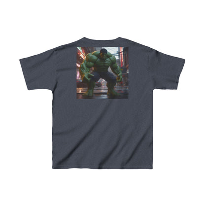 Kids Heavy-Duty Hulk Graphic Tee in sophisticated navy, featuring a dramatic Hulk illustration on the back, perfect for aspiring superheroes.