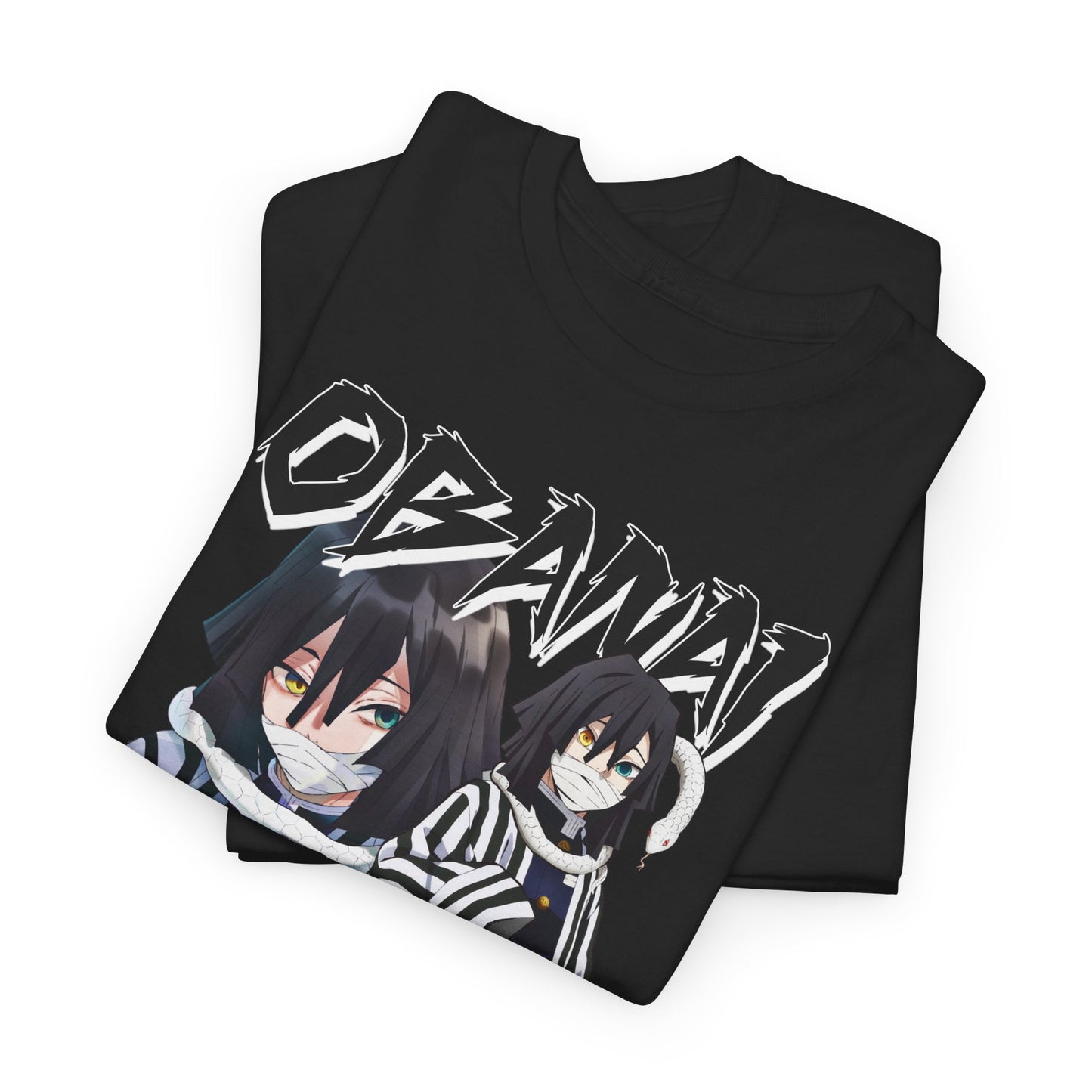 Folded black T-shirt with a striking Obanai Iguro graphic print, perfect for anime enthusiasts looking for unique casual wear.