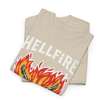 Stylish stacked beige Hellfire Club T-shirts featuring a vibrant flame illustration and a fierce demon graphic, blending comfort and unique style for discerning fashion lovers.