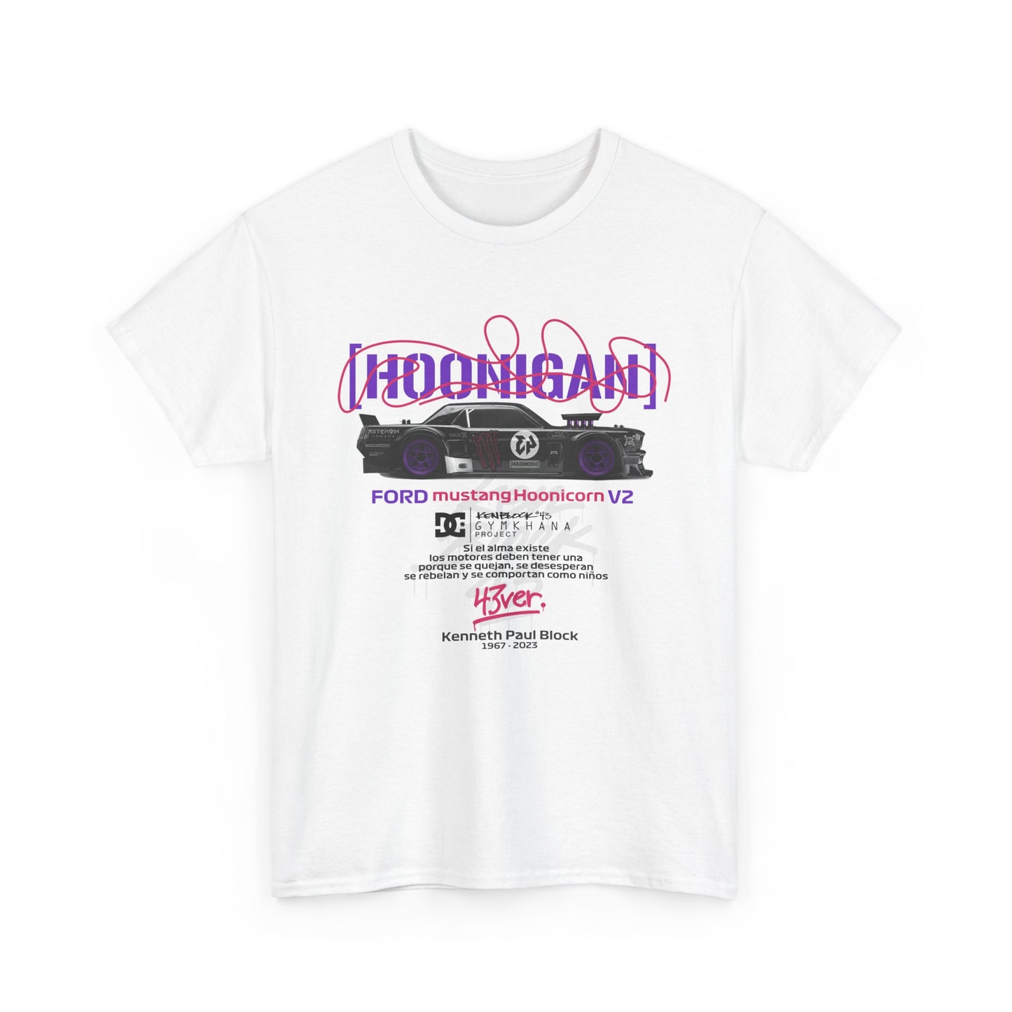 Stylish front view of the Ford Mustang Hoonicon V2 graphic tee in white, featuring a bold artistic design with the iconic car, ideal for car lovers and fashion-forward individuals.