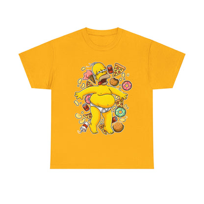 Homer's Gluttonous Glory Unisex Cotton Tee Graphic T Shirt showcasing a delightful depiction of Homer Simpson amidst a colourful feast of treats, presented on a bright yellow fabric.