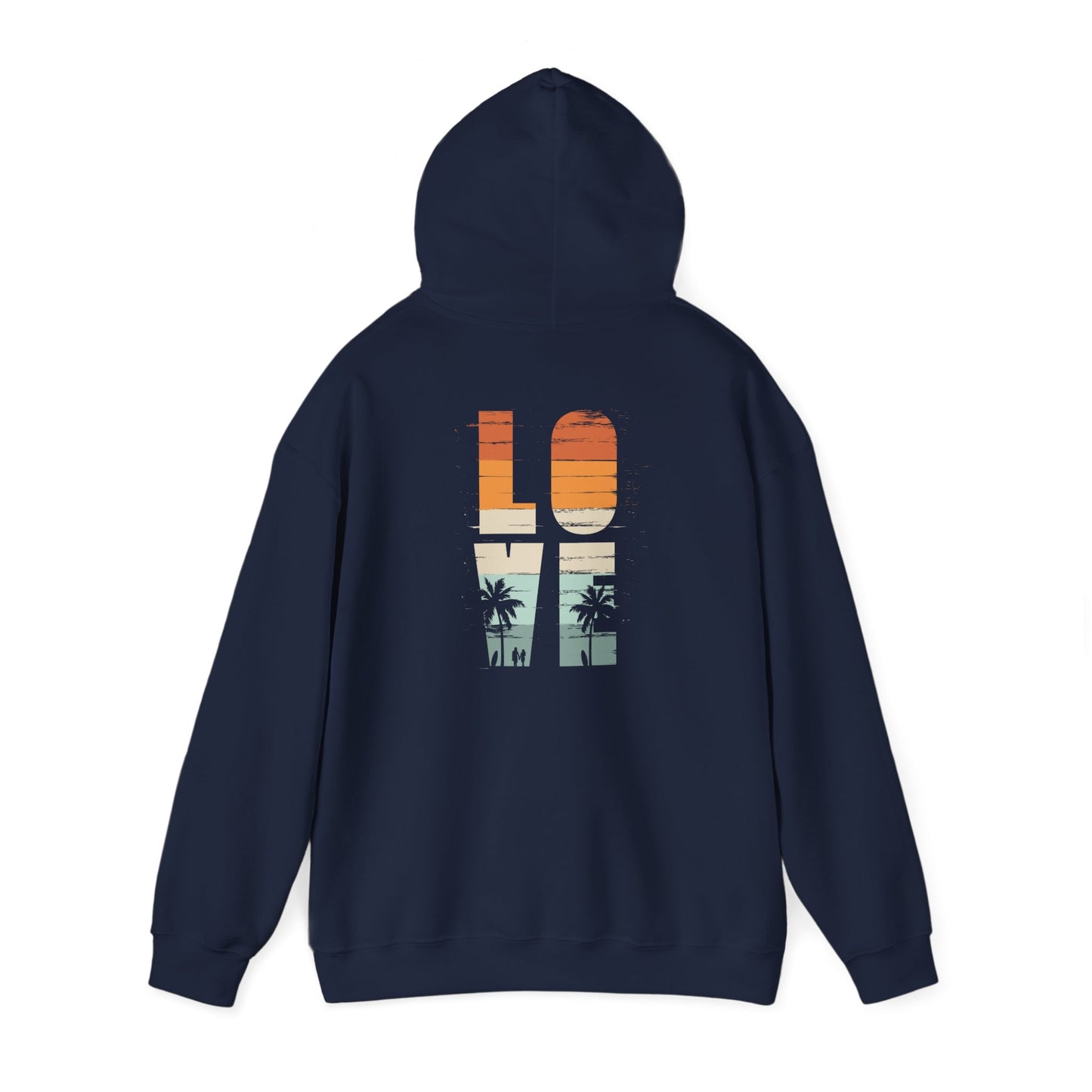 Stylish navy hoodie with an eye-catching back print spelling 'LOVE', enhanced by silhouettes of palm trees and beach figures, ideal for a chic, relaxed look.