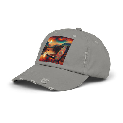 Unisex Distressed Paddleboarders Cap in grey showcasing a captivating paddleboard artwork, ideal for stylish sun protection for paddleboard enthusiasts.