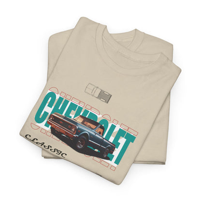 Two folded luxury Chevrolet C-10 classic men's t-shirts in beige, showcasing the unique vintage graphic design and high-quality fabric, ideal for classic car enthusiasts.
