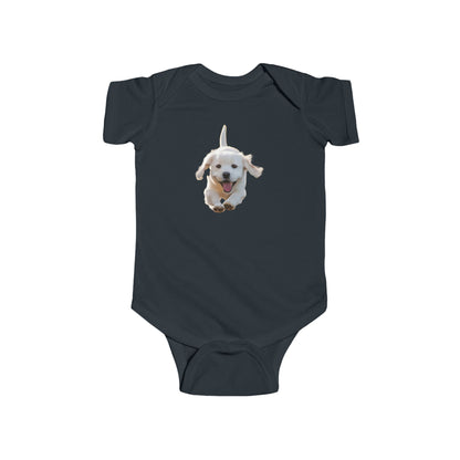 Luxurious Puppy Bodysuit in dark navy, adorned with an adorable puppy illustration for trendy newborns.