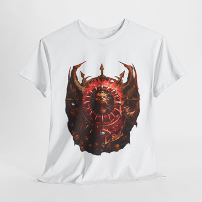Luxury unisex graphic t-shirt featuring an intricate Warhammer-inspired design, showcasing a fierce lion-like creature surrounded by ornate elements in rich crimson hues.