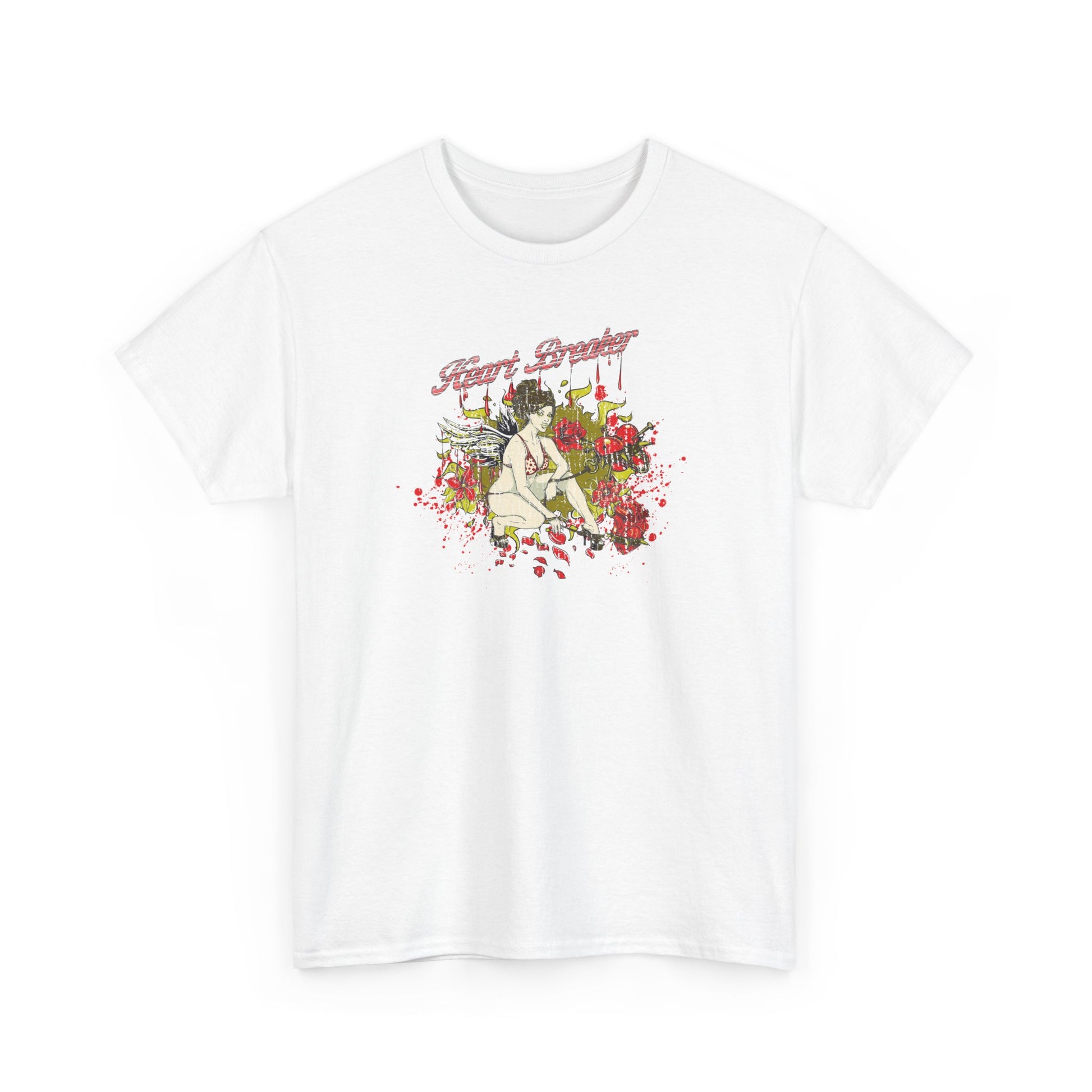 Stylish white men's graphic t-shirt featuring a striking heartbreaker design with vibrant roses, embodying a blend of fantasy and elegance for any fashion-forward individual.