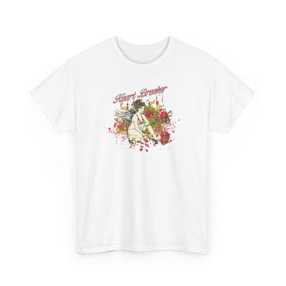 Stylish white men's graphic t-shirt featuring a striking heartbreaker design with vibrant roses, embodying a blend of fantasy and elegance for any fashion-forward individual.