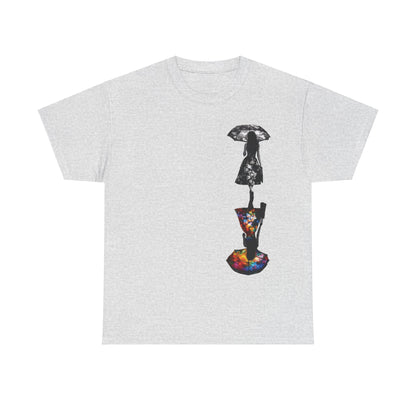 Stylish Duality Dreams Unisex T-Shirt in refined grey, featuring an artistic floral design with two feminine silhouettes—one dressed in black and white with an umbrella, the other radiating an array of vibrant colours.