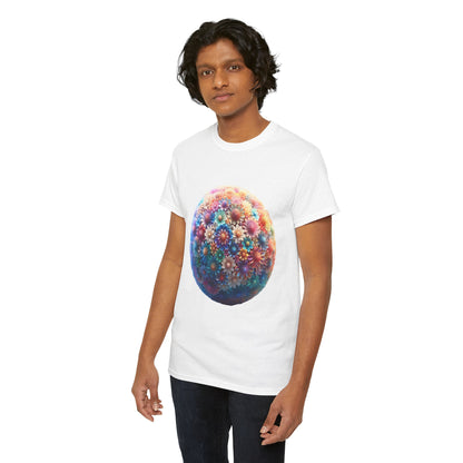 Model wearing the Iridescent Floral Sphere Unisex Cotton Tee Graphic T Shirt, highlighting the vibrant floral design. Combining casual comfort with luxury aesthetics.