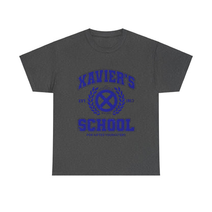 Stylish dark heather unisex tee with the Xavier's School for Gifted Youngsters X-Men logo rendered in sophisticated blue.