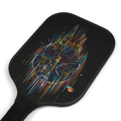 Close-up of paddle from the Luxury Pickleball Kit, featuring the colourful Millennium Falcon pop art design on a sleek black surface.