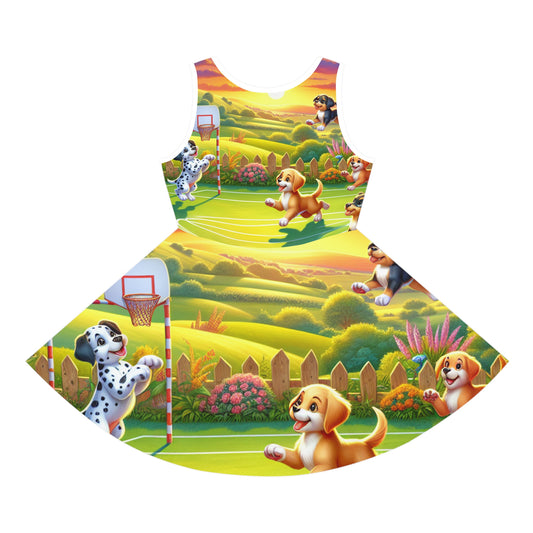 Bella Sterling Girls Sundress adorned with a playful puppy print, depicting adorable puppies engaged in a lively game, ideal for warm summer outings.