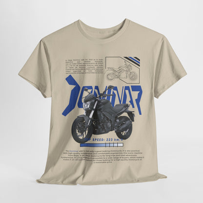 Stylish men's T-shirt displaying the Dominar 400 motorcycle, highlighted by a sophisticated design and premium print, making it a must-have for motorcycle aficionados.