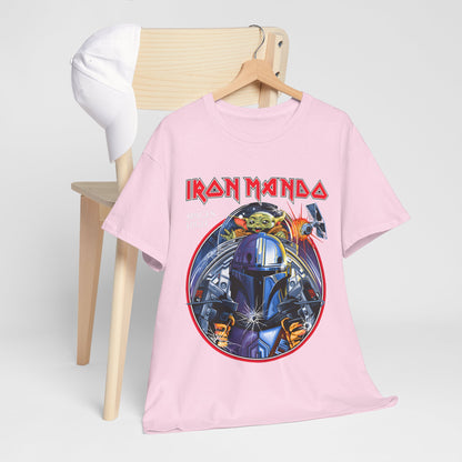 Stylish Iron Mando Graphic Tee displayed on a wooden chair, showcasing its vibrant colours and intricate Mandalorian artwork, perfect for casual wear.
