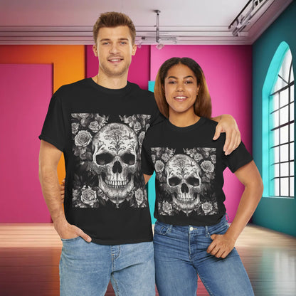 Stylish couple wearing Skulls and Roses Cotton Tee, Unisex Graphic Shirt, featuring striking skull and rose design, set in a modern colourful room, exemplifying edgy fashion and versatility.