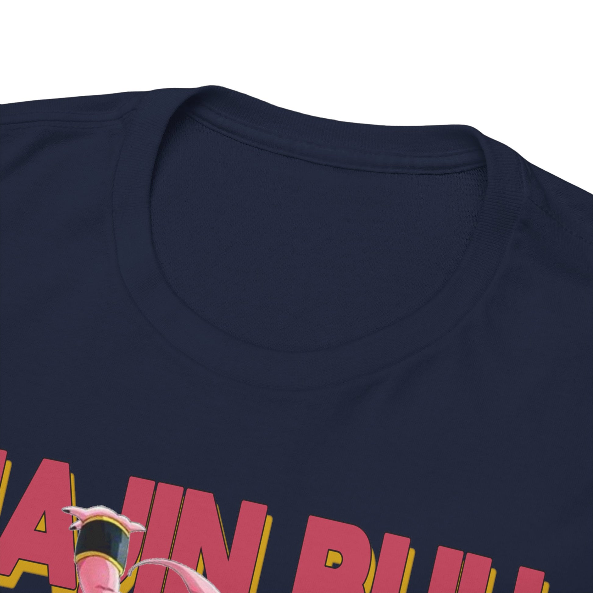Close-up of a luxurious navy blue T-shirt's neckline, featuring a stunning Majin Buu graphic from Dragon Ball Z, highlighting premium fabric and intricate detail.
