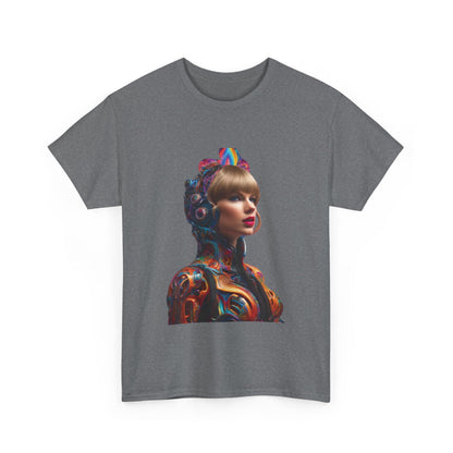 Front view of the grey Taylor Swift Heavy Cotton Tee, featuring a psychedelic design, ideal for expressing fandom with elegance.