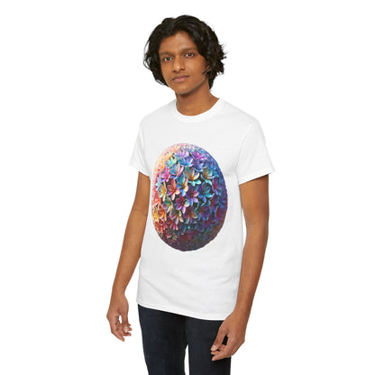 Model wearing the Iridescent Floral Sphere Unisex Cotton Tee, featuring a vibrant floral sphere graphic that elevates any casual outfit with luxury flair.