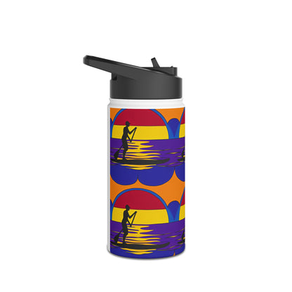 Chic Fantasy Paddleboarding Stainless Steel Water Bottle featuring a sleek silhouette of a paddleboarder amidst a bright sunset pattern, perfect for luxury outdoor experiences.