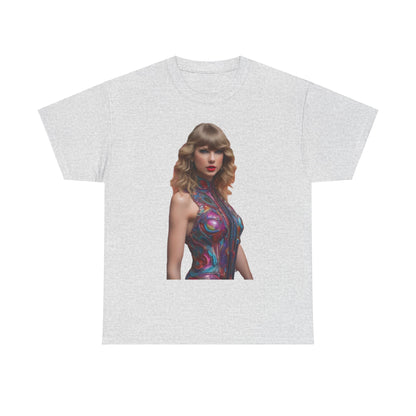 Elegant Swifties psychedelic Taylor Swift Heavy Cotton Tee in light grey showcasing a striking psychedelic print of Taylor Swift.