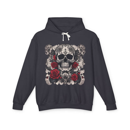 Unisex Lightweight Hooded Sweatshirt in dark grey, showcasing a striking skull and roses design, perfect for edgy fashion lovers.