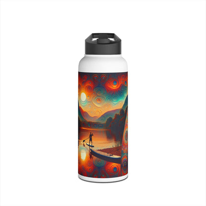 Luxury Fantasy Paddleboarding Stainless Steel Water Bottle featuring vibrant artwork of a paddleboarder at sunset, artfully designed for hydration enthusiasts.