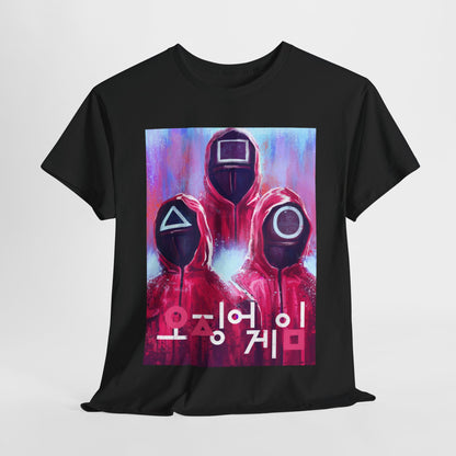 Squid Game Unisex Men´s Women´s Graphic Cotton Funny T Shirt Tee featuring iconic characters with triangular masks, designed with vibrant colours on a black background, perfect for urban fashion enthusiasts.