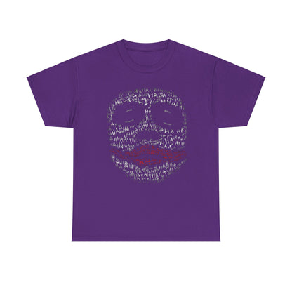 Lavish unisex purple t-shirt showcasing an artistic interpretation of the Joker's iconic face, blending playful elements with a modern, stylish silhouette.