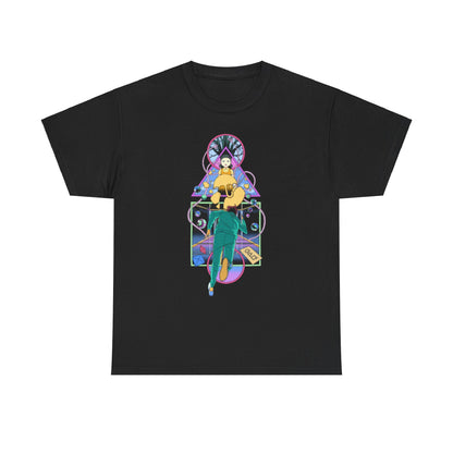 Luxury Squid Game-inspired graphic tee featuring an artistic design on a black cotton fabric, ideal for fans of psychological thrillers and bold fashion statements.