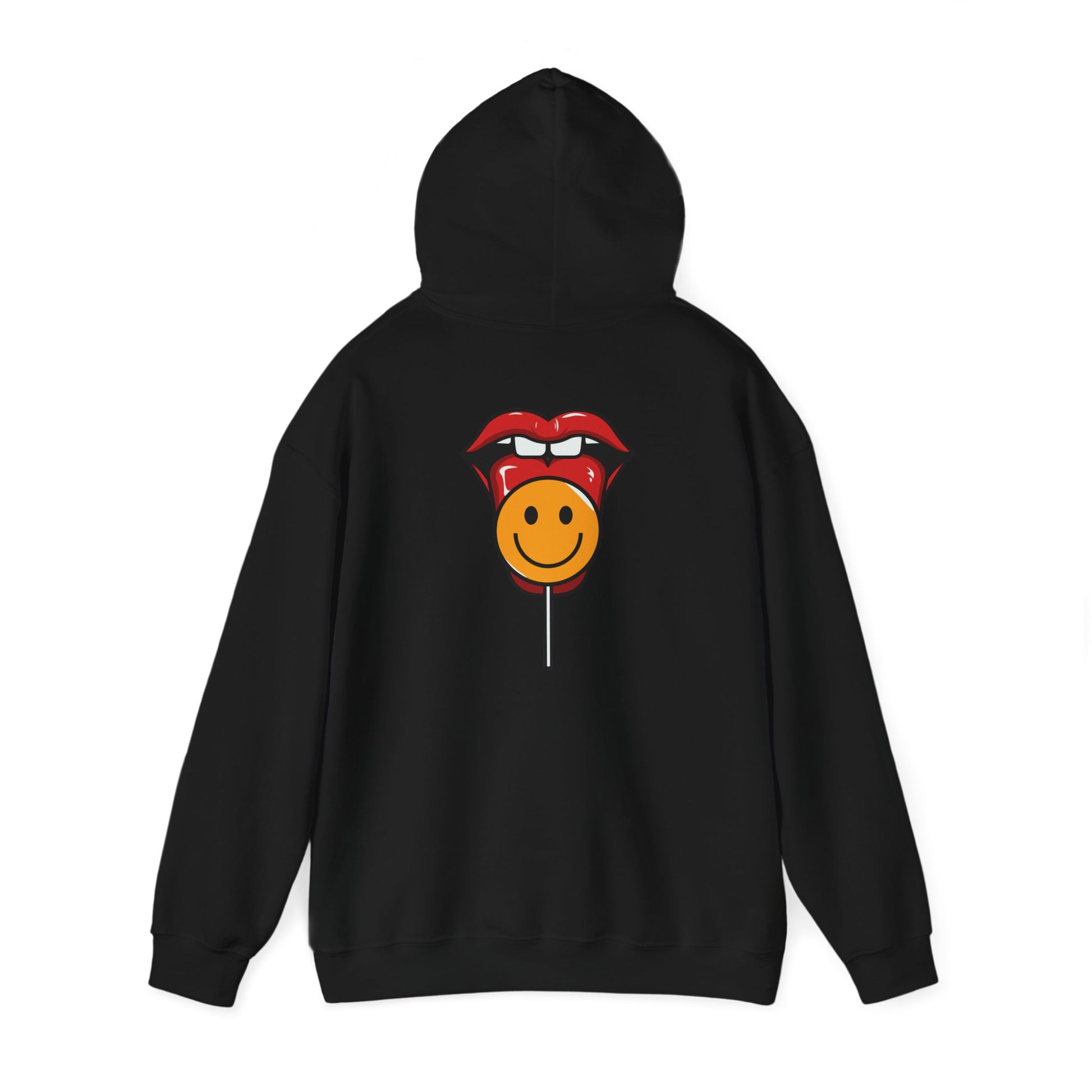 Luxury black hoodie featuring a bold back print of a whimsical lollipop with a cheerful smiley face and striking red lips, perfect for playful fashion lovers.