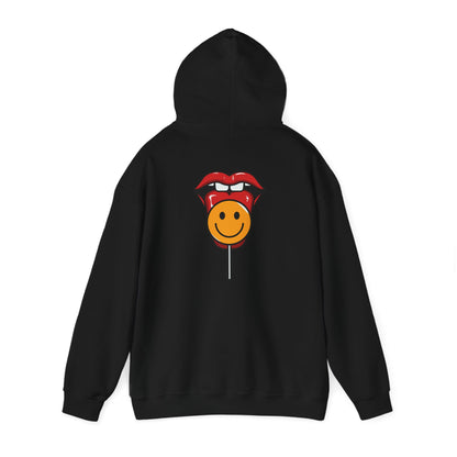 Luxury black hoodie featuring a bold back print of a whimsical lollipop with a cheerful smiley face and striking red lips, perfect for playful fashion lovers.
