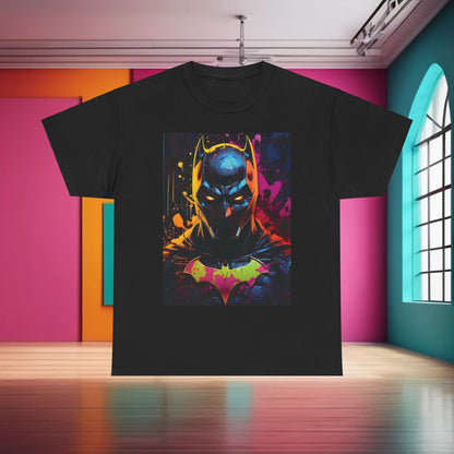 Batman Dynamic Illumination Graphic T-Shirt showcasing a vibrant illustrated depiction of Batman in a strong pose, crafted from premium cotton, set against a modern, colourful interior.