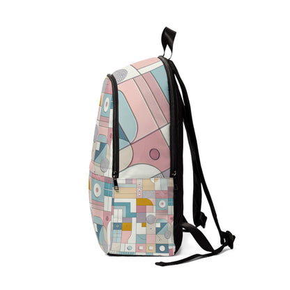 Chic geometric backpack in pastel hues from Dazzling Dreams Studio, showcasing soft pinks, baby blues, and light yellows with striking white streaks, exemplifying modern luxury and style.