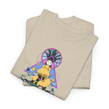 Luxurious graphic t-shirt featuring vibrant artwork inspired by the Netflix series, Squid Game, showcasing playful design elements alongside stylish cotton fabric.