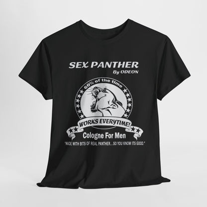 Stylish black t-shirt featuring 'Sex Panther' by ODEON, with a humorous tagline '60% of the time, it works every time!'. The shirt embodies a bold urban aesthetic, ideal for both men and women.