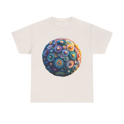 Iridescent Floral Sphere Unisex Cotton Tee Graphic T Shirt featuring a striking floral sphere graphic printed on a light-coloured shirt, ideal for adding a touch of elegance to any outfit.