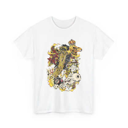 Striking white t-shirt showcasing an intricate graphic design featuring a crowned majestic raven amidst gambling symbols and mythical elements, embodying bold luxury.