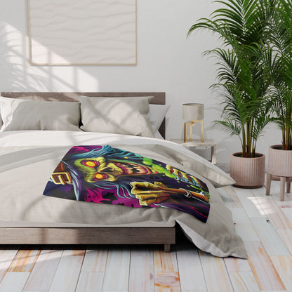 Sophisticated Decorative and Warm Halloween Spooky Arctic Fleece Blanket on a luxurious bed, adorned with a captivating Halloween-themed design for festive ambiance.
