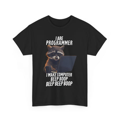 Chic Funny Raccoon Programmer T-Shirt showcasing a charming raccoon in front of a laptop with the slogan 'I Are Programmer' perfect for coding enthusiasts.