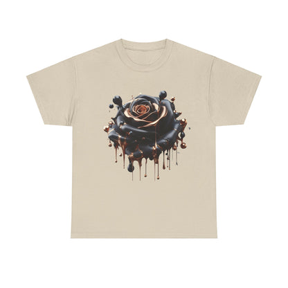 Close-Up Abstract Rose Unisex Cotton Tee Graphic T Shirt showcasing an artistic rose in black with dynamic copper elements on a beige fabric.