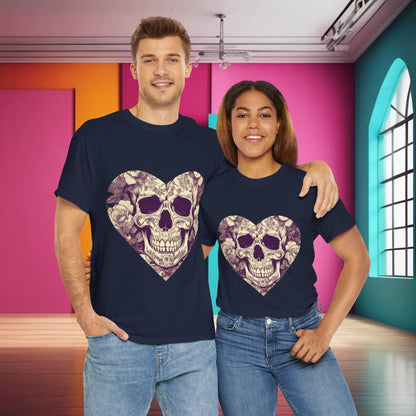 Skulls and Roses Cotton Tee, displayed by a couple, highlighting the unique steampunk design with skulls and roses in a heart shape, a luxurious choice for unisex fashion.