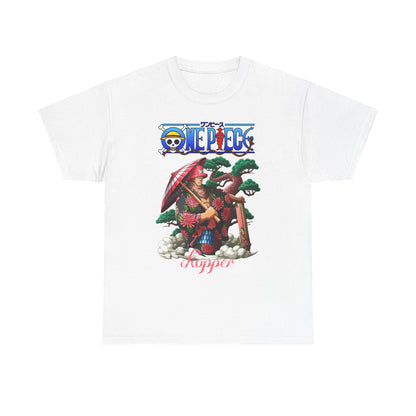 Elegant white men's t-shirt featuring a detailed depiction of Chopper from One Piece, adorned in traditional Japanese attire with bold floral patterns, set against a serene backdrop of trees and clouds.