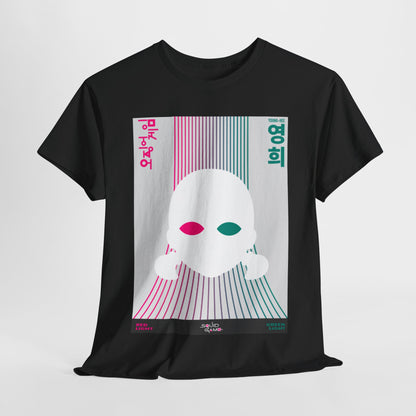 Luxury Squid Game-inspired unisex graphic cotton t-shirt featuring a striking design with a minimalist white mask against a gradient background of pink and teal, embellished with text indicating 'Red Light - Green Light'. Ideal for fashion-forward individuals who appreciate bold and unique styles.