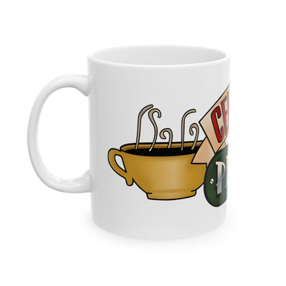 Central Perk Friends Retro Image 11oz Ceramic Mug showcasing a stylish design featuring the iconic coffee cup with steam and the Central Perk logo. A perfect nostalgic gift for coffee lovers and Friends fans.