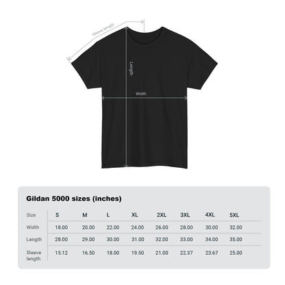 Detailed measurement chart for Gildan 5000 t-shirt sizing, showcasing a luxurious black T-shirt with precise dimensions for the perfect fit.