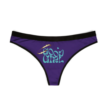 Stylish purple thong panties with 'Good Girl' graphic, perfect for adding a touch of playful elegance to your lingerie collection.